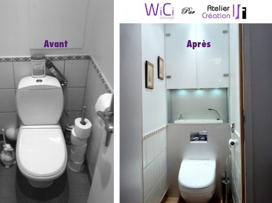 Gain de place réalisé grâce à la gamme de lave-mains WiCi Concept - Avant et après installation