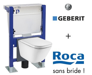 WC suspendu bâti universel Geberit avec cuvette Roca the Gap Rimless sans bride