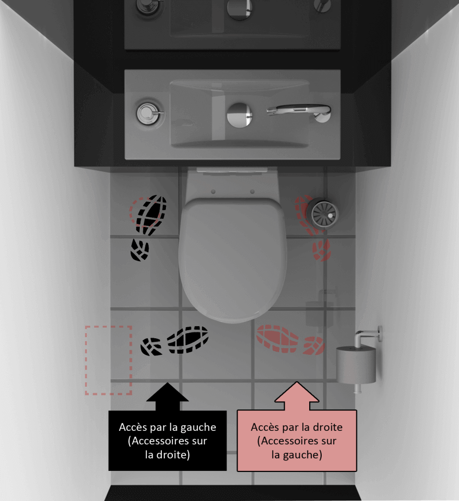 Accès à un lave-mains sur WC suspendu WiCi Bati, selon position du papier toilette et du balai brosse