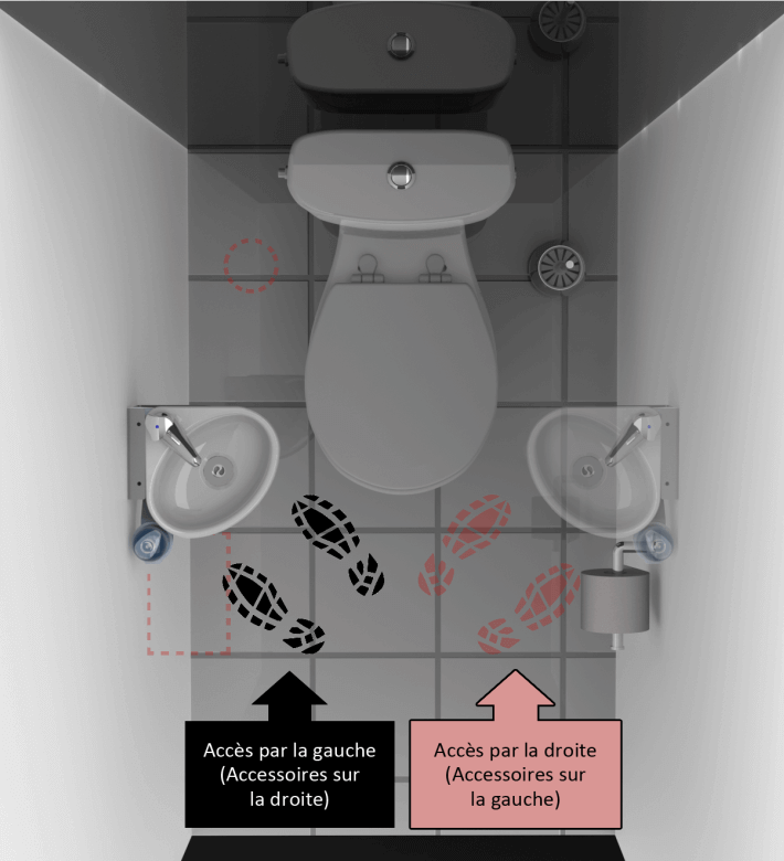 Accès à un petit lave-mains WiCi Mini, positionné sur le support mural 3 pièces, selon position du papier toilette et du balai brosse