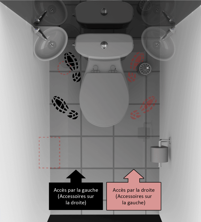 Accès à un petit lave-mains WiCi Mini, positionné sur le support mural 1 pièce en angle, selon position du papier toilette et du balai brosse