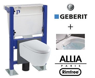 WC suspendu bâti universel Geberit avec cuvette Allia Lovely Rimfree compacte sans bride