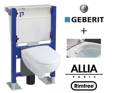 WC suspendu bâti universel Geberit avec cuvette Allia Prima Rimfree sans bride