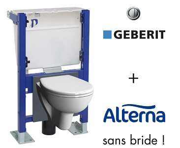 WC suspendu bâti universel Geberit avec cuvette Alterna Verseau compacte sans bride