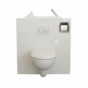 Recessed toilet paper holder for wall-hung toilets