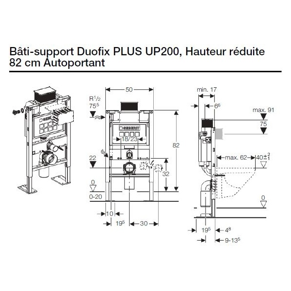 Bâti-support autoportant DUOFIX 82cm avec réservoir OMEGA 12cm - GEBERIT -  111.009.00.1