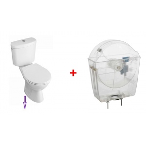 Water-saving toilet tank with toilet pack, vertical outlet